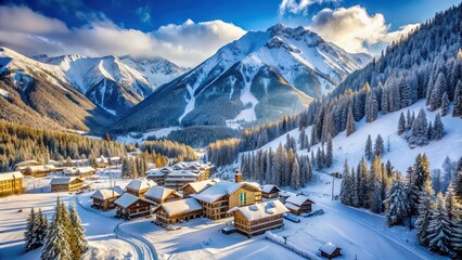 Sticker - Snow-covered ski resort nestled in the mountains , winter, ski resort, snow, mountains, skiing, cold, snowy, vacation