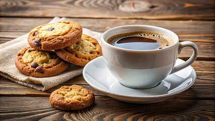 Sticker - Close up of a freshly brewed cup of coffee next to a plate of freshly baked cookies, breakfast, snack, caffeine, dessert