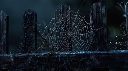 Aufkleber - Close-up shot of a detailed spider web on a wooden fence, glistening with morning dew drops, capturing the beauty of nature's intricate designs.