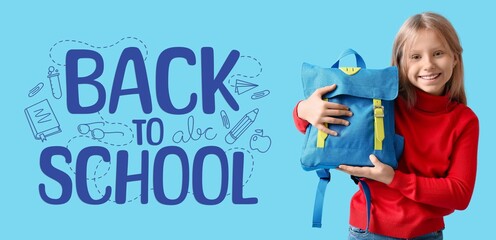 Poster - Banner with little student and text BACK TO SCHOOL on light blue background