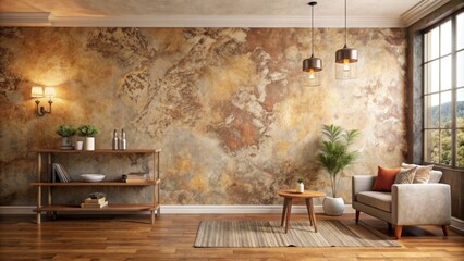 Wall Mural - Earth-toned, textured accent wall with abstract, rustic, sponge-painted pattern simulating worn, aged plaster, stucco, or concrete in warm, neutral hues.