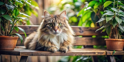 Sticker - Fluffy cat lying on rustic wooden bench, staring curiously in cozy home surrounded by plants , Cat, rustic, wooden bench, fluffy