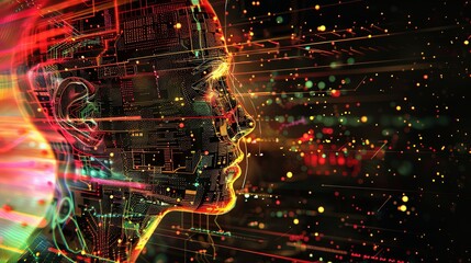 Abstract artwork of human head silhouette with circuit board design