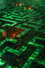 Poster - A digital maze teeming with glowing green code, a single red virus particle navigating through the labyrinth, photorealistic