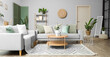 © Pixel-Shot - Interior of modern living room with grey sofas, flower vase on coffee table and houseplants