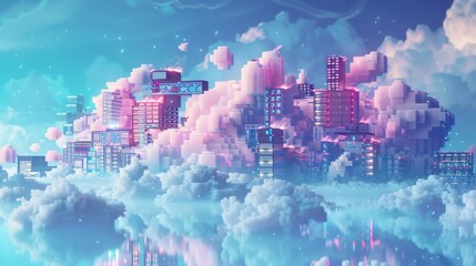 Poster - A fluffy pixel art cloud morphing into chunky servers and blocky network switches, illustrating cloud concepts playfully