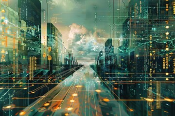 Poster - A vast, abstract circuit board landscape, pulses of energy flowing along pathways, with imposing firewall structures in the distance, vaporwave