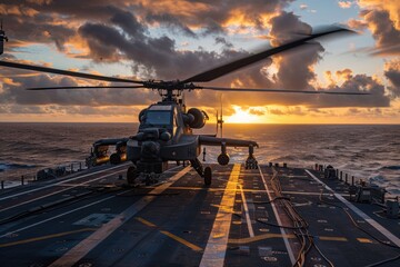 Canvas Print - A weathered Attack Helicopters AH-64 Apache, adorned with naval markings, perched on the deck of a ship The setting sun casts long shadows across the ocean