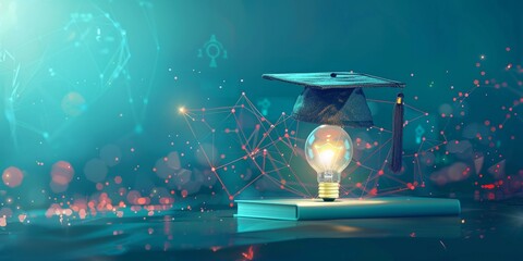 Wall Mural - Future Smart Education AI-Generated Image with Graduation Cap and Blue Background Light Bulb. Celebrating Graduation Season, University, Knowledge Power, Scientific Research, Educational Books, Studen