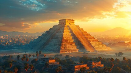 Create a mural depicting the ancient Aztec pyramids towering over a modern Mexican city skyline.