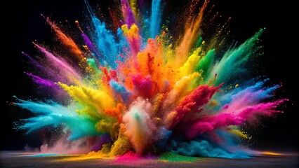 Vibrant colorful powder explosion on black background capturing mesmerizing essence of Hindu festival Holi's joyful revelry and celebration.