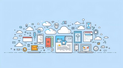 Poster - flat vector illustration of cloud file sharing and transfer with mobile devices, on blue background, in technology style, simple design