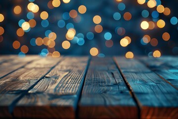 Poster - empty brown wooden floor or wood board table with blurred abstract night light bokeh background, copy space for display of product or object presentation