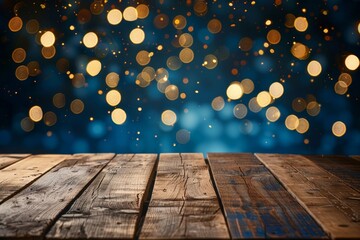 Poster - empty brown wooden floor or wood board table with blurred abstract night light bokeh background, copy space for display of product or object presentation