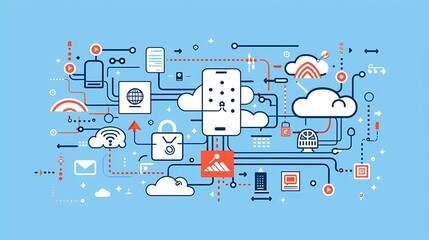 Poster - flat vector illustration of cloud file sharing and transfer with mobile devices, on blue background, in technology style, simple design