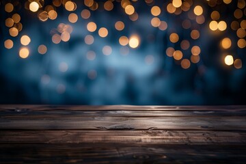 Poster - empty brown wooden floor or wood board table with blurred abstract night light bokeh background, copy space for display of product or object presentation