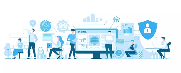 Fototapete - Flat vector illustration of data security concept with people using online systems