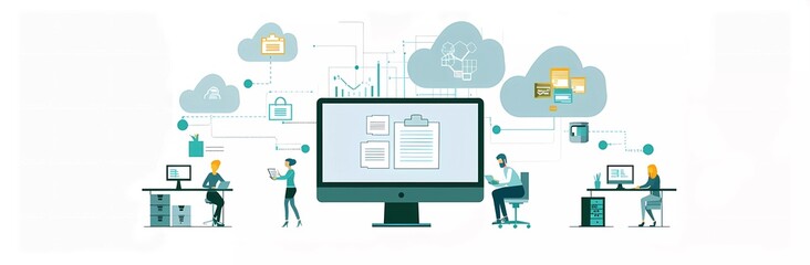 Fototapete - flat vector illustration of people working on cloud storage, on a white background, in the style of a tech company, with tech elements and icons in the background,