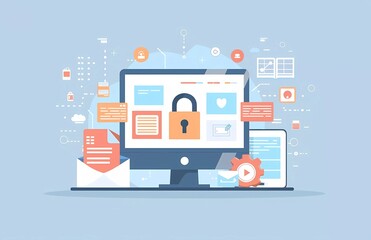 Fototapete - Flat vector illustration of digital security, showing a computer screen with padlock and file icons on a light blue background in the style of online website web graphic design banner.