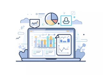 Poster - Flat vector illustration of an open laptop with a security shield and financial charts on the screen,