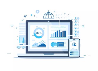 Fototapete - Flat vector illustration of an open laptop with a security shield and financial charts on the screen,