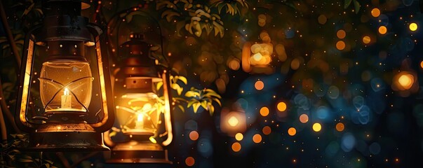 Aufkleber - Vintage lanterns glowing warmly amidst blurred bokeh lights, creating a dreamy and nostalgic ambiance in a night garden.