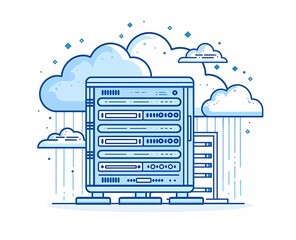 Fototapete - simple flat line art vector illustration of cloud servers, computers and electronic equipment on a white background with blue lines