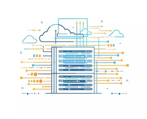Fototapete - simple flat line art vector illustration of cloud servers, computers and electronic equipment on a white background with blue lines