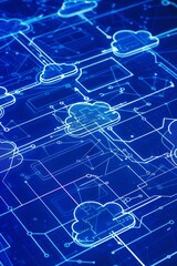 Poster - Blueprint-style flowchart representing cloud data migration, servers, storage, and network components connected by directional arrows