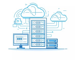 Fototapete - simple flat line art vector illustration of cloud servers, computers and electronic equipment on a white background with blue lines