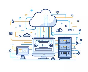 Fototapete - simple flat line art vector illustration of cloud servers, computers and electronic equipment on a white background with blue lines