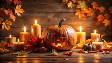 Canvas Print - Spooky Halloween background featuring a glowing pumpkin surrounded by autumn leaves and candles, Halloween, background, pumpkin