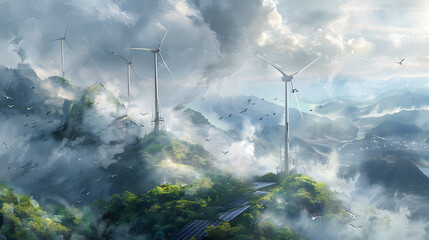 Wall Mural - Wind turbines generating green power high in mountains. 