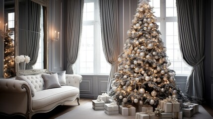 Wall Mural - lights silver christmas tree