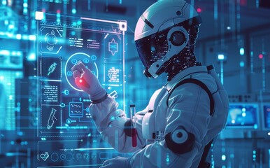 Poster - Advanced robot using futuristic touchscreen interface in high-tech laboratory