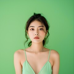 Wall Mural - Confident and Radiant Asian Model in Sleeveless Costume Against Green Background