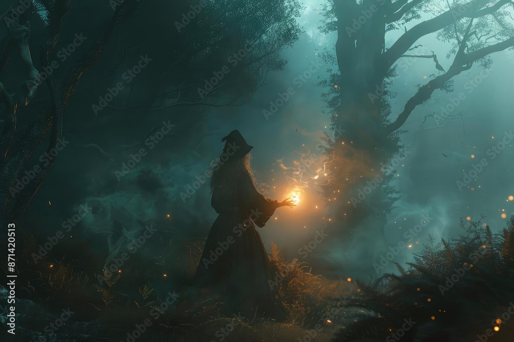 Mysterious wizard holding a glowing staff in an enchanted forest ...