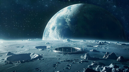 Wall Mural - space station on moon against blue planet earth