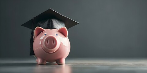 Wall Mural - The Piggy Bank in a Graduation Cap Symbolizing Education Funds and Financial Planning. Concept Financial Planning, Education Funds, Graduation Cap, Piggy Bank, Symbolism