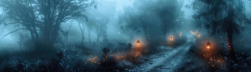 Poster - Misty forest path illuminated by eerie lanterns, creating a mystical and atmospheric scene shrouded in fog.
