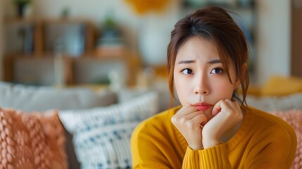 Wall Mural - Thoughtful Asian Woman Contemplating in Modern Living Space