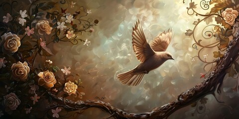 Wall Mural - Bird wings painted flying over tree branch with flowers leaves and swirly branch. Concept Avian-inspired Nature Art, Swirly Branch Design, Bird Wings Painting, Flora and Fauna Imagery