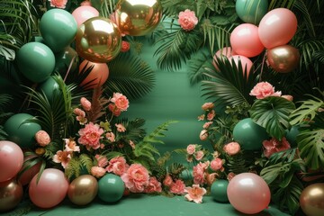 A green and pink jungle scene with a large green circle in the middle