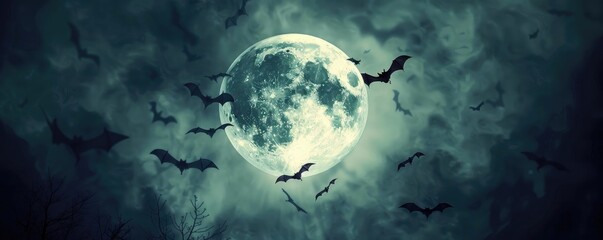 Full moon night with bats flying through dark clouds and spooky ambiance. Perfect for Halloween or horror-themed designs.