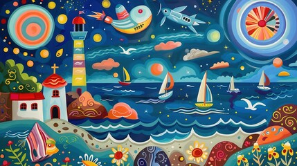 Wall Mural - Art colourful on the paper sea and the mountain UHD wallpaper