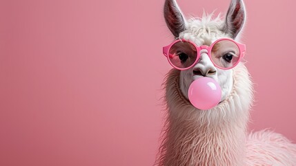 Wall Mural - Cute Llama with Sunglasses and Bubble Gum