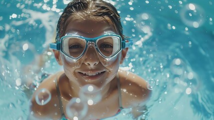 A little boy wearing swimming goggles smiles in a sparkling swimming pool.