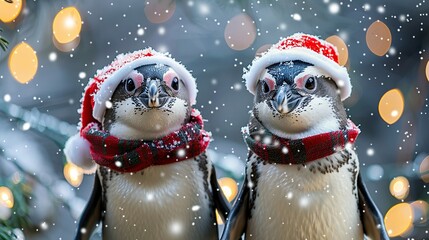 Wall Mural - Penguins in Santa Hats Enjoying the Winter Wonderland