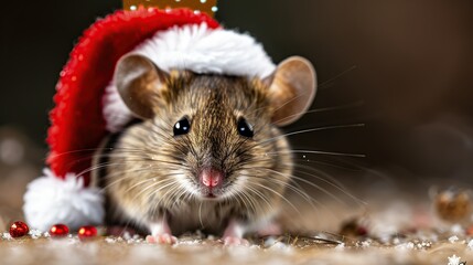 Poster - Cute Mouse Wearing a Santa Hat