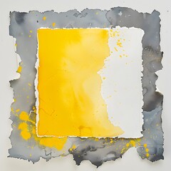 Wall Mural - Square watercolor stain with uneven torn edges in the form of a banner with white frame for text of yellow and gray. Yellow strip on a gray background.